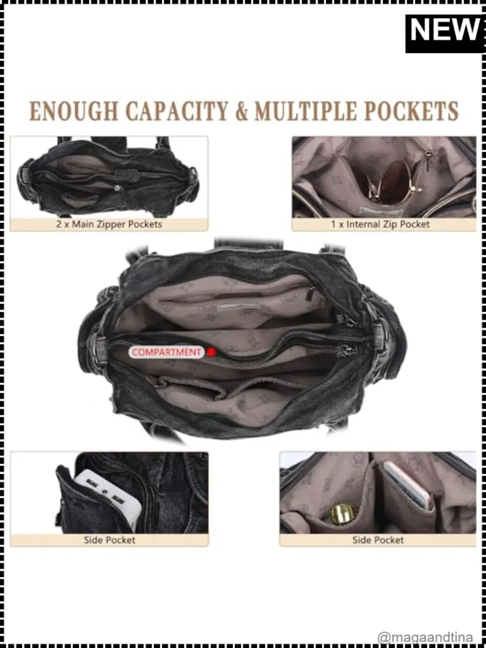 Vegan Leather Hobo Shoulder Bag with Crossbody Strap Multi-Pocket Tote